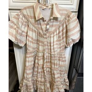 Anthropologie Let Me Be Women's Striped Embroidered Mini Dress Cream Tan Small
